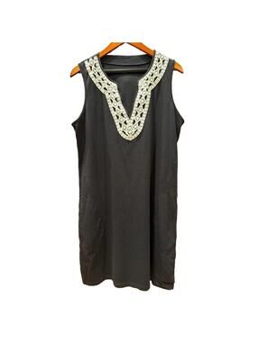 Lands End Sleeveless Vneck Dress Mini Medium Black Crochet Shift Pockets Classic